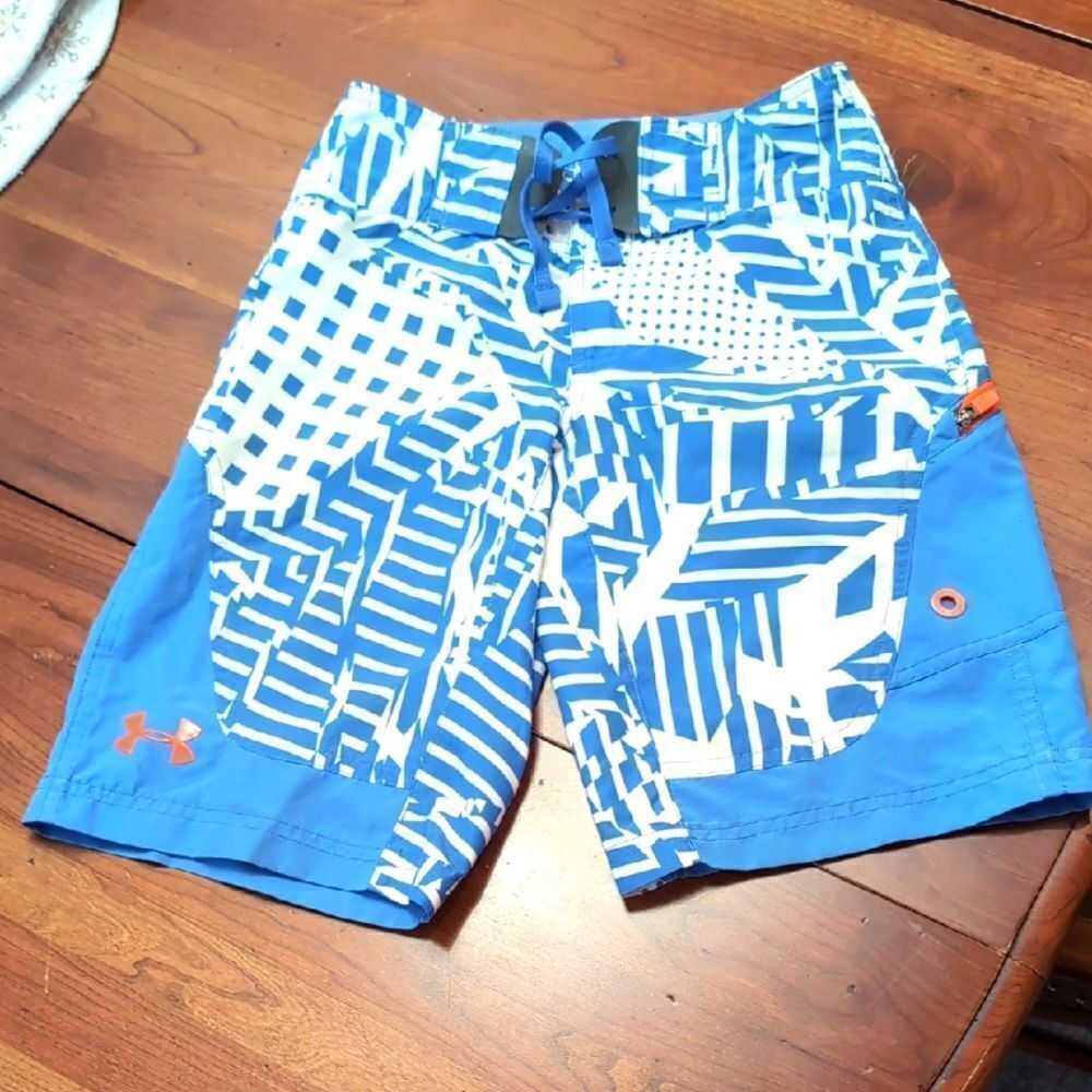Under Armour Blue Print Swim Board Shorts Sz Youth Small